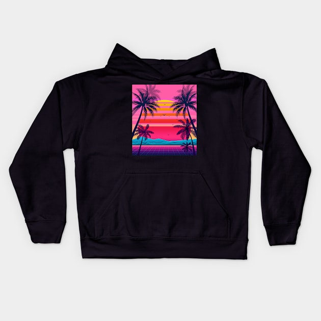 Pink Sunset Retrowave Kids Hoodie by edmproject